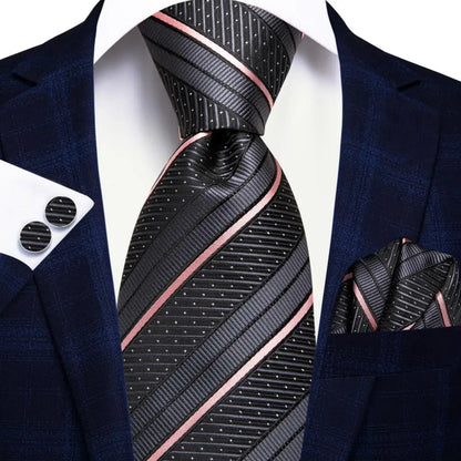 Black Red Striped Silk Wedding Tie For Men Handky Cufflink