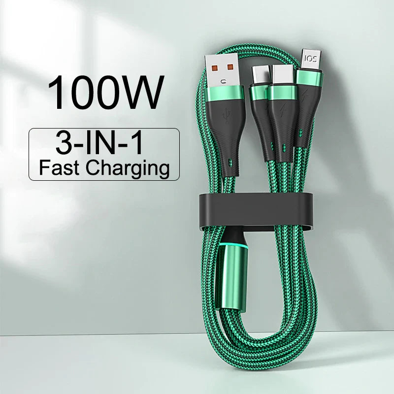 100W 3 in 1 Type C USB Cable Fast Charging