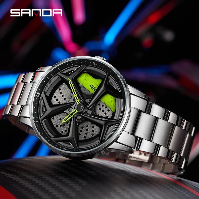 SANDA 1087 Fashion Men Watch Luxury 360 Rotating Car Wheel Dial Sports Quartz Watch Stainless Steel Casual Waterproof Wristwatch