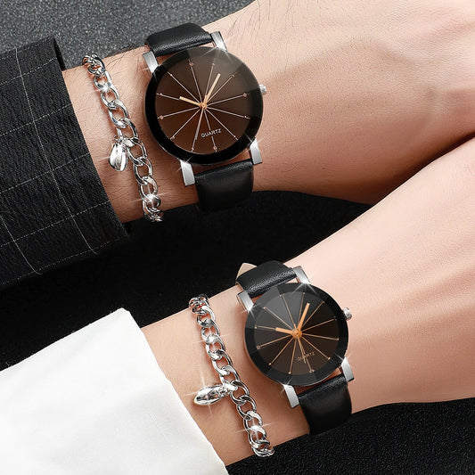4PCS/Set Couple's Men Women Leather Band Quartz Watch Magnet Heart Bracelets Set