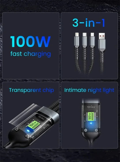 3 in 1 100W Fast Charging USB Cable Micro USB