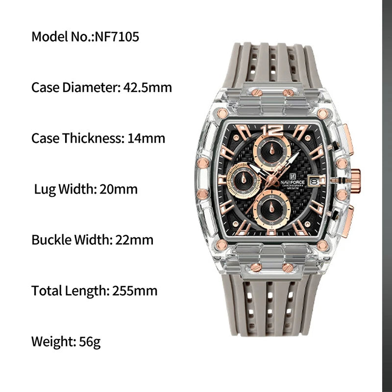 Men's Quartz Multifunction Watches Fashion Sports Chronograph 5ATM Waterproof Silicone Band Casual Man Wrist Watch