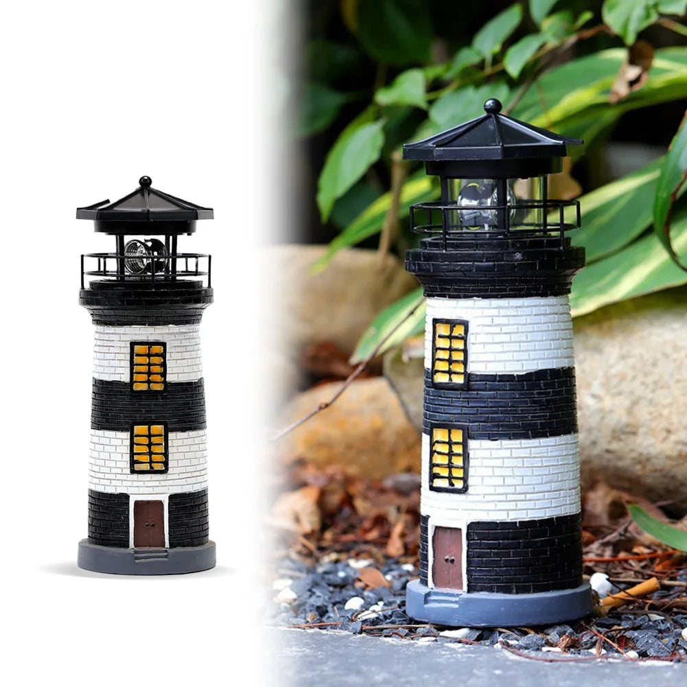 Solar Powered Resin Rotating Lighthouse Lamp Decorative Lighthouse Light Lighthouse Model Light for Home Yard Outdoor Decor