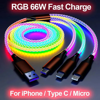 3 In 1 RGB Light Type C Cable USB Lighting Cable Fast Charging