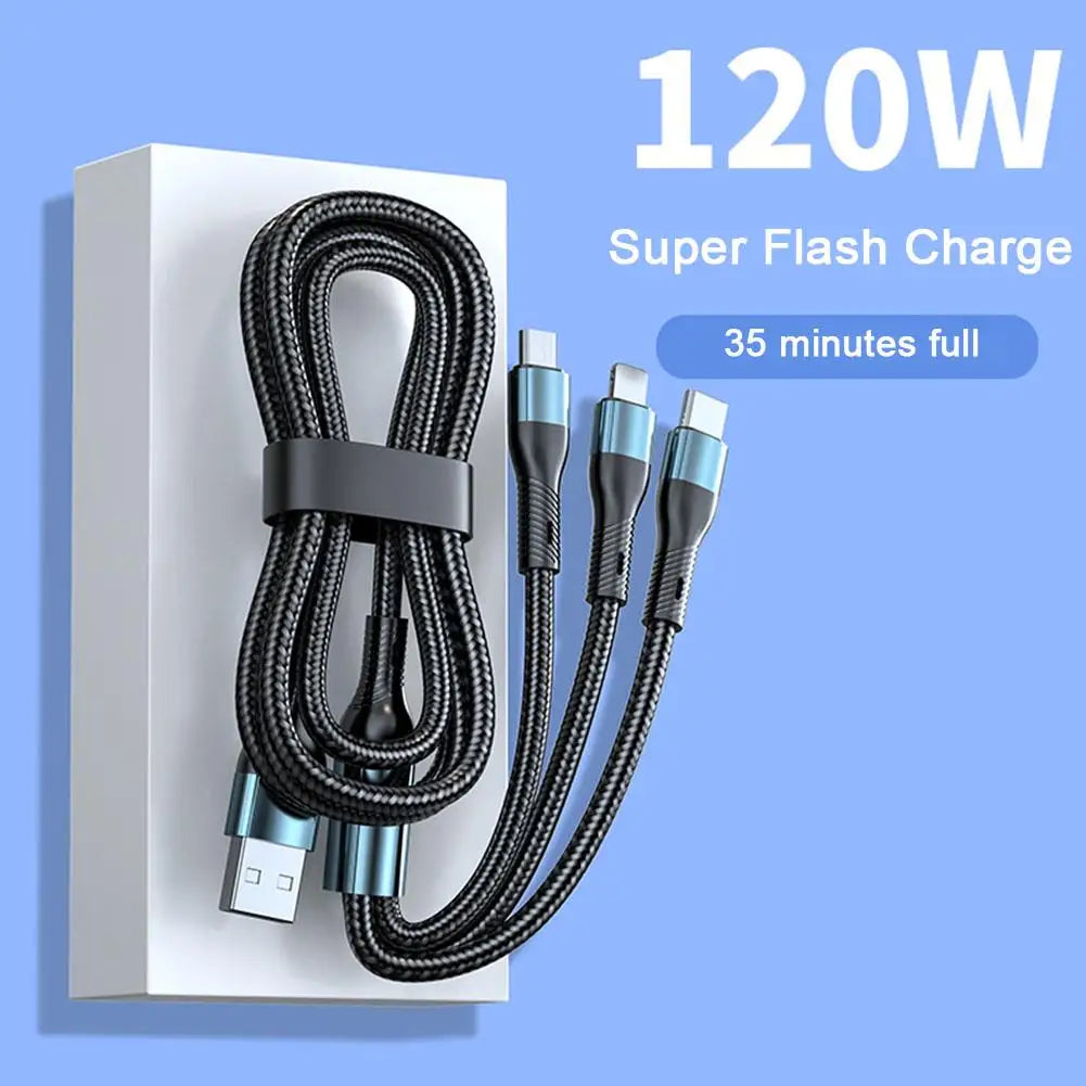 120W 3 In 1 Braided Data Cable Type C