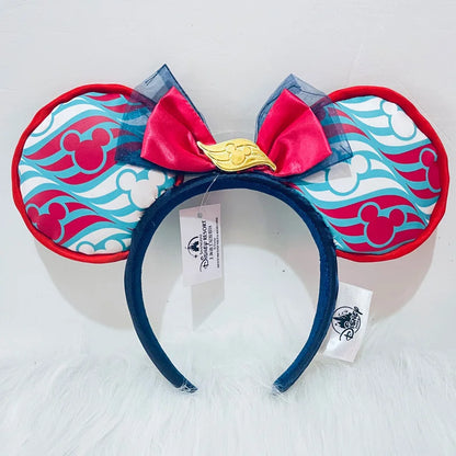 2025 Original Disney Mickey Ears Headband Shanghai Disneyland Minnie Leather Headband Hairband Sequin Bow Party Hair Accessories