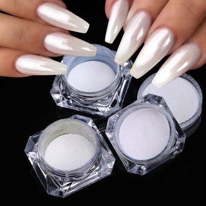 Aurora Pearl White Nails Glitter Dust Chrome