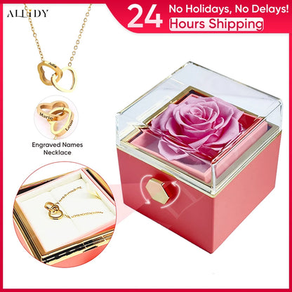 Custom Double Heart engraved Name Steel Necklace Eternal Rose box for Women Creative Surprise Confession Proposal Gifts