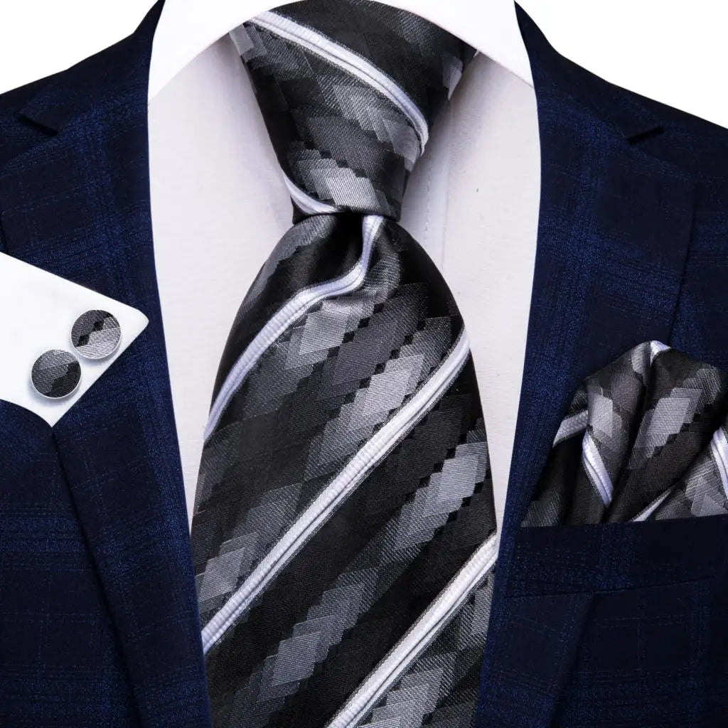 Black Red Striped Silk Wedding Tie For Men Handky Cufflink