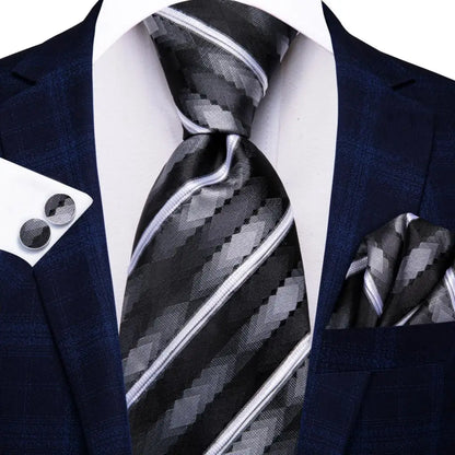 Black Red Striped Silk Wedding Tie For Men Handky Cufflink