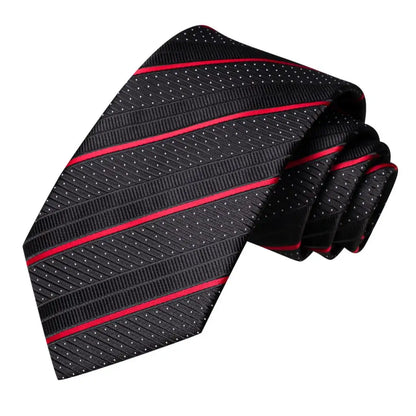 Black Red Striped Silk Wedding Tie For Men Handky Cufflink