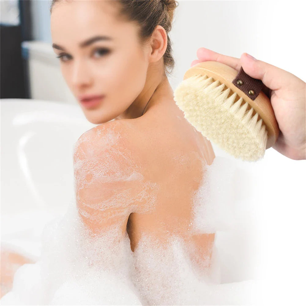 Natural Wood Bristle Bath Brush Soft Wet Dry Body SPA Massager Brush