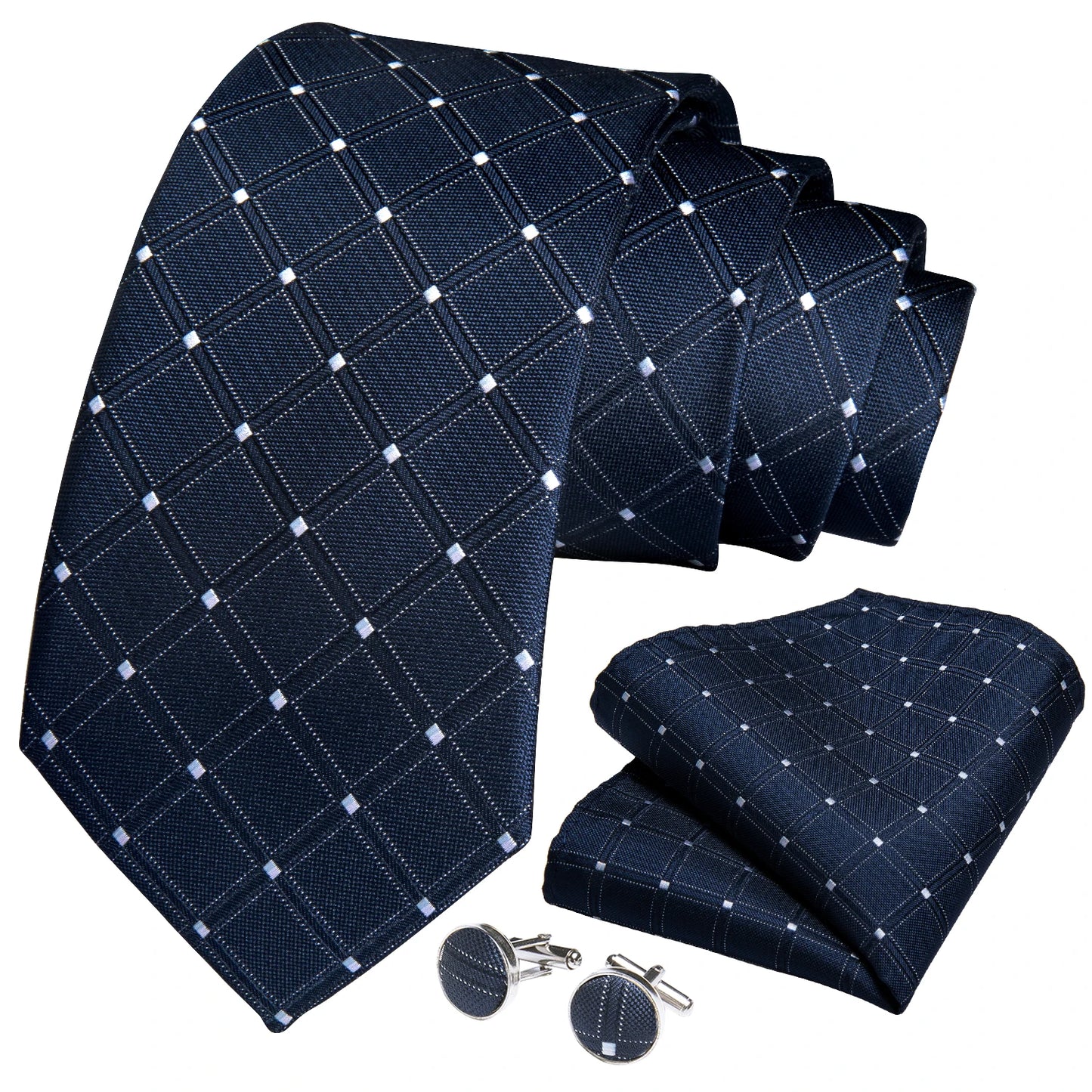 Navy Blue Dot Polyester 8cm Men's Neck Tie Pocket Square Cufflinks