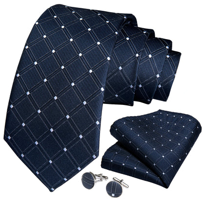 Navy Blue Dot Polyester 8cm Men's Neck Tie Pocket Square Cufflinks
