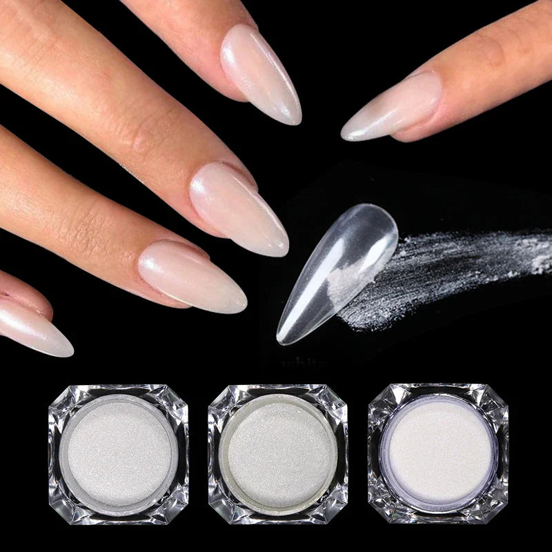 Aurora Pearl White Nails Glitter Dust Chrome