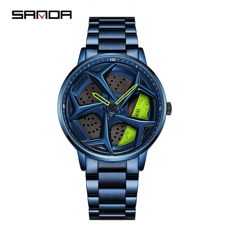 SANDA 1087 Fashion Men Watch Luxury 360 Rotating Car Wheel Dial Sports Quartz Watch Stainless Steel Casual Waterproof Wristwatch