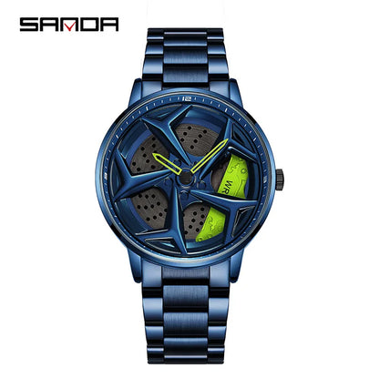SANDA 1087 Fashion Men Watch Luxury 360 Rotating Car Wheel Dial Sports Quartz Watch Stainless Steel Casual Waterproof Wristwatch
