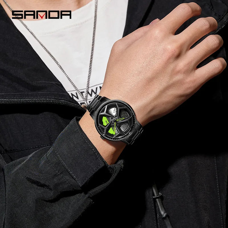 SANDA 1087 Fashion Men Watch Luxury 360 Rotating Car Wheel Dial Sports Quartz Watch Stainless Steel Casual Waterproof Wristwatch
