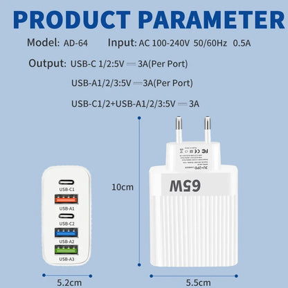 USB Type C Charger Multi Ports 65W Fast Charging Adapter