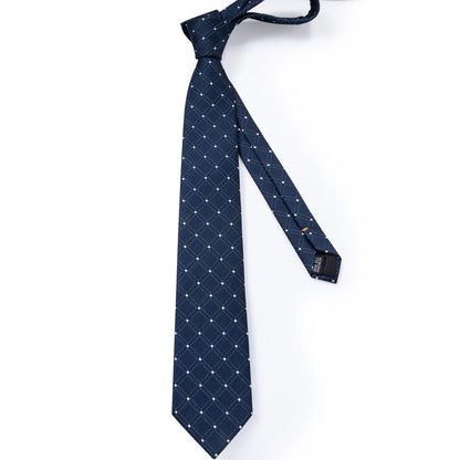 Navy Blue Dot Polyester 8cm Men's Neck Tie Pocket Square Cufflinks