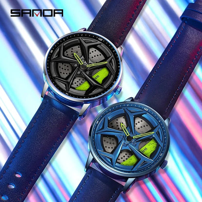 SANDA 1087 Fashion Men Watch Luxury 360 Rotating Car Wheel Dial Sports Quartz Watch Stainless Steel Casual Waterproof Wristwatch