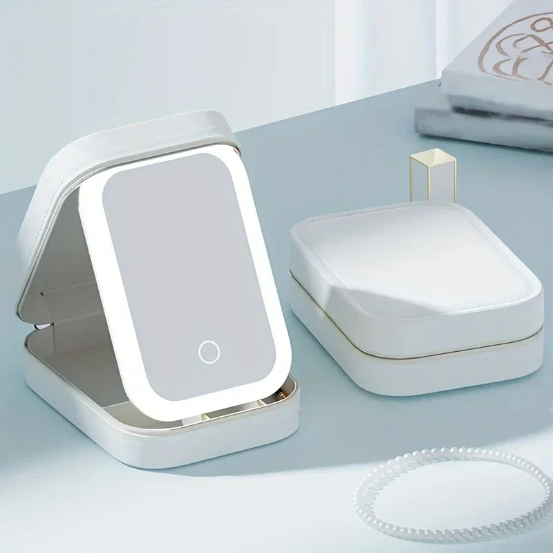 1pc USB Rechargeable LED Makeup Mirror, Travel Cosmetic Bag with Light, Makeup Storage Organizer, Lighted Vanity Mirror
