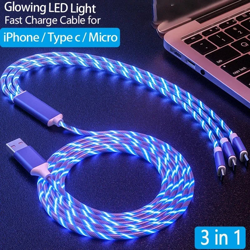 3 in 1 Glowing Cable Mobile Phone Charging Cables LED Light