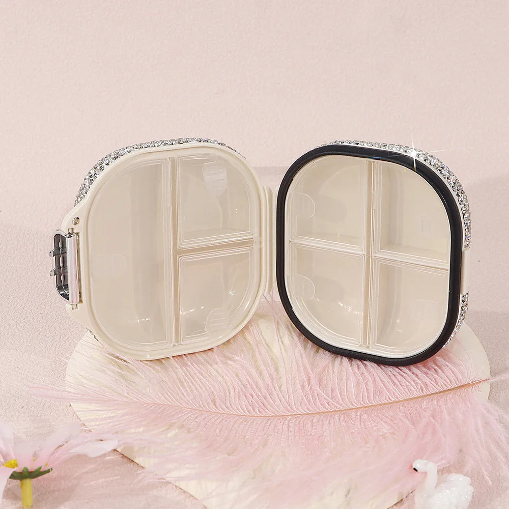 Sparkling Rhinestone Pill Box Sealed Travel Pill Case Tablet Dispenser Plastic Storage Box Portable Capsule Organizer Container