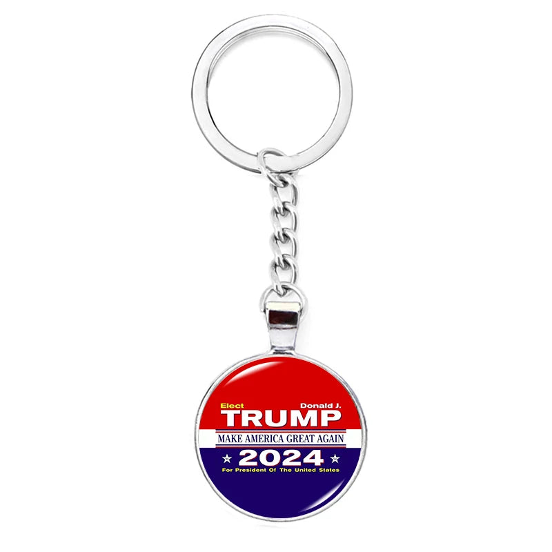 Trump 2024 Flag Keychain Make America Great Again Glass Cabochon Long Pendant Key Chain for Unisex Car Key Holder Gift