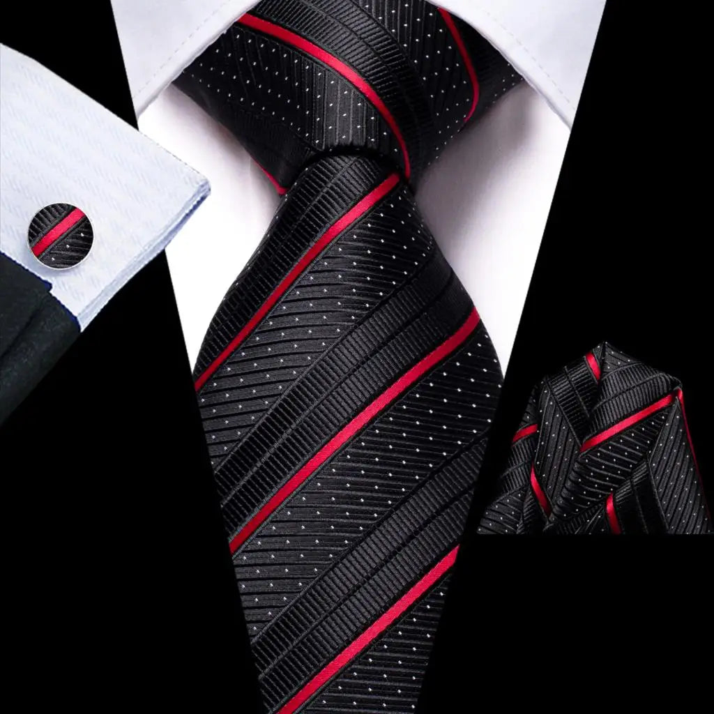 Black Red Striped Silk Wedding Tie For Men Handky Cufflink