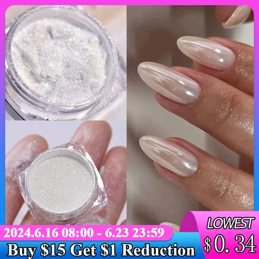 Aurora Pearl White Nails Glitter Dust Chrome