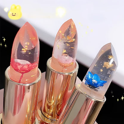 3pcs Flower-Shaped Crystal Gel Lipstick Set - Color Changing with Temperature, Moisturizing & Non-Sticky, 3 Shades, Long-Lasting Hydration