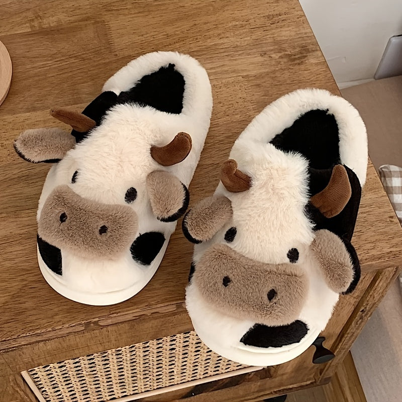 Women's Cartoon Cute Cow House Slippers - Warm Plush Lined Closed Toe Fuzzy Home Slides - For Women - Perfect for Cozy Winter Nights & Relaxing at Home - Ideal Gift for Cow Lovers & Friends