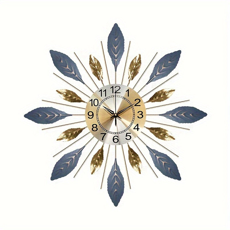 Luxury 21.6-Inch Golden Blue Metal Leaf Design Wall Clock - Silent Non-Ticking