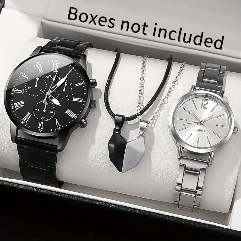 4pcs Chic Couples' Quartz Watch Set with Steel Bands & Magnetic Heart Necklaces