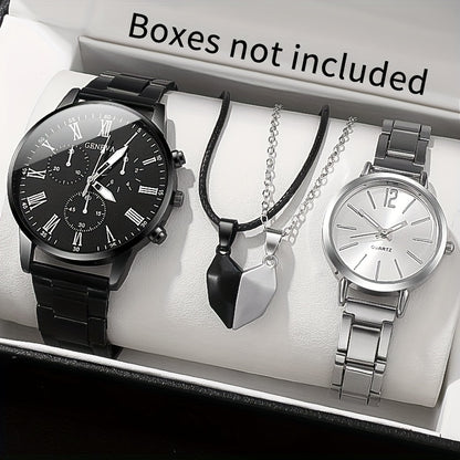 4pcs Chic Couples' Quartz Watch Set with Steel Bands & Magnetic Heart Necklaces