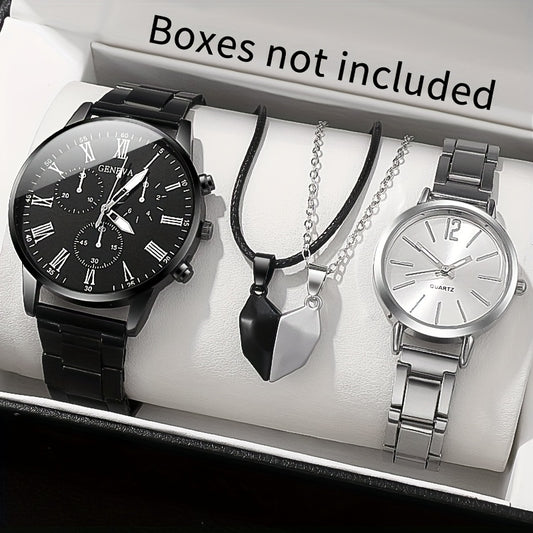 4pcs Chic Couples' Quartz Watch Set with Steel Bands & Magnetic Heart Necklaces