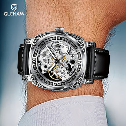 GLENAW Carved Automatic Watches for Men - Retro Tattoo Skeleton Self-Winding Mechanical Watch Men's Automatic - 3 ATM Waterproof, Luminous Hands, Skeleton Dial - For Men - Suitable for Everyday Wear & Formal Occasions - Perfect Gift for Business Professio