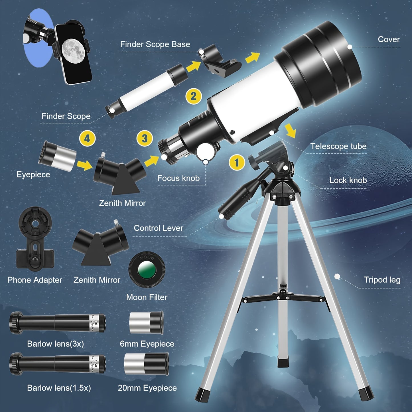 150X Telescope, 70mm Aperture Telescope For Adults High Powered, Portable Astronomical Telescope Mobocular With Tripod Phone Holder, Eyepiece, Barlow Lens, Perfect For Nature Viewing, Education, And Exploration, Best Christmas Gift For Your Family