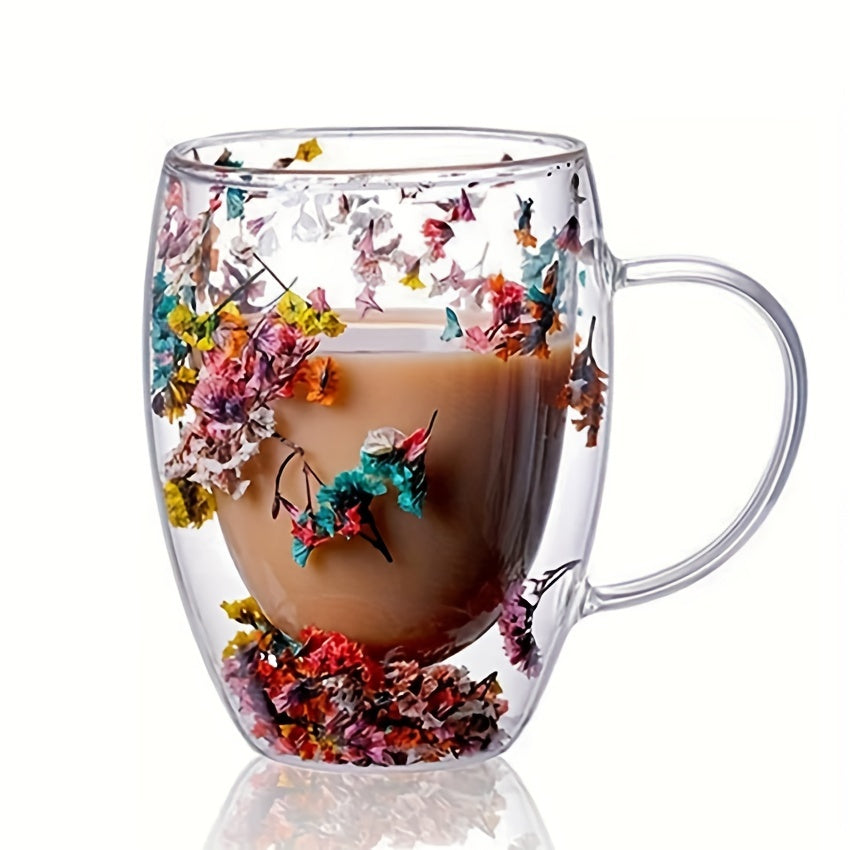 Double Wall Borosilicate Glass Coffee Mug, Clear Decorative Floral Design Cup for Cappuccino, Tea, Espresso, Latte, Hot Beverages, Durable Glassware, Ideal Birthday Gift for Women