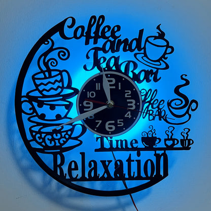 Vinyl Coffee and Tea Bar Themed Wall Clock - Silent, Glowing LED Lights..