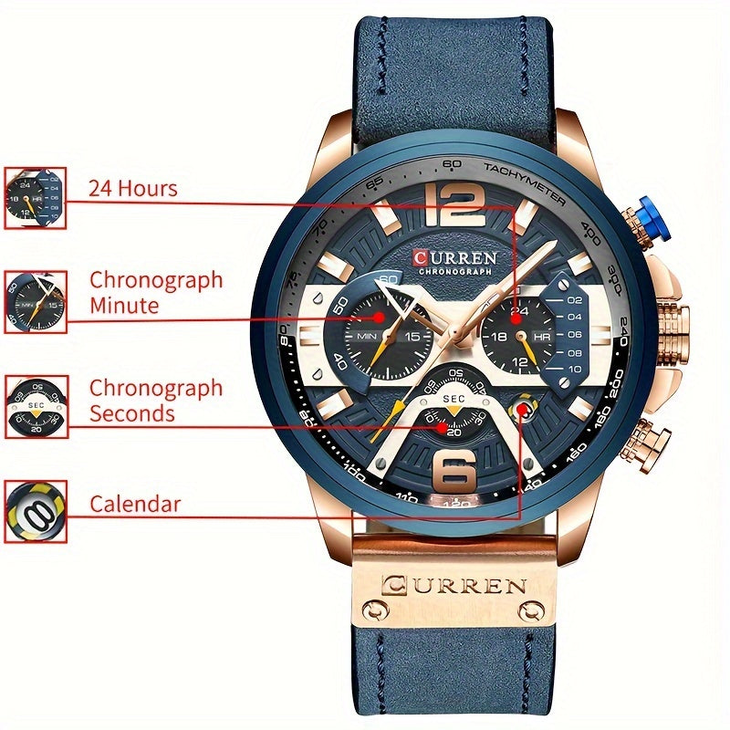 Luxurious Men's Watch With Business Chronograph, Stylish Sports Leather Strap Quartz Wristwatch