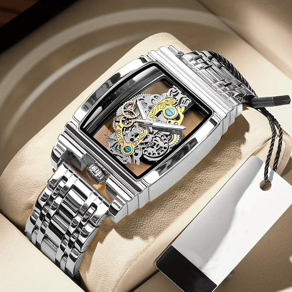 Elegant Men's Golden-Tone Tonneau Watch with Intricate Mechanical Design - Stainless Steel, Luminous Hands & Date Display, Stopwatch Function, Water-Resistant