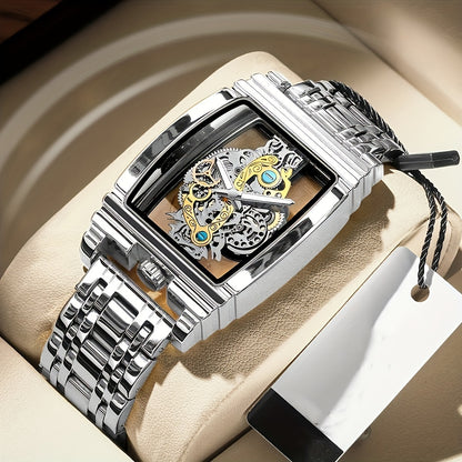 Elegant Men's Golden-Tone Tonneau Watch with Intricate Mechanical Design - Stainless Steel, Luminous Hands & Date Display, Stopwatch Function, Water-Resistant