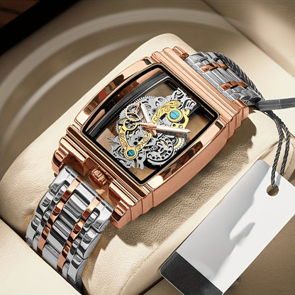 Elegant Men's Golden-Tone Tonneau Watch with Intricate Mechanical Design - Stainless Steel, Luminous Hands & Date Display, Stopwatch Function, Water-Resistant