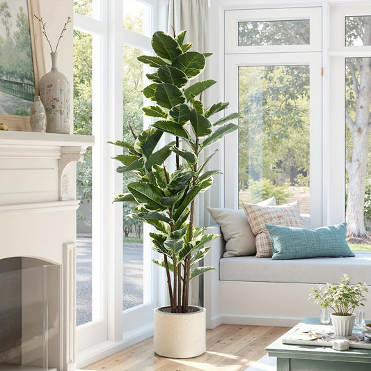 6ft Artificial Rubber Tree with White Planter - Realistic Faux Plant for Home & Office Decor, No Maintenance Floor Tree with Flexible Metal Wire Branches, Perfect for Earth Day Gifts, Housewarming & Thanksgiving Decoration, Indoor Air Quality, Lush Leaf D