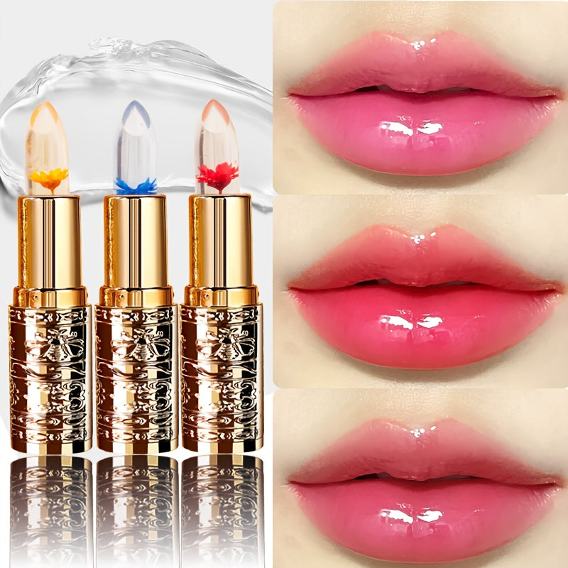 3pcs Flower-Shaped Crystal Gel Lipstick Set - Color Changing with Temperature, Moisturizing & Non-Sticky, 3 Shades, Long-Lasting Hydration