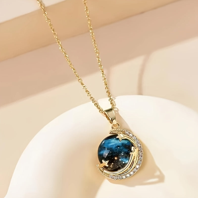 Fashion Trend Jewelry Blue Planet Star and Moon Pendant Necklace - Two-Dimensional Style Micro-Encrusted Rhinestone - For Girls & Women - Perfect Gift for Birthday, Anniversary, or Special Occasions