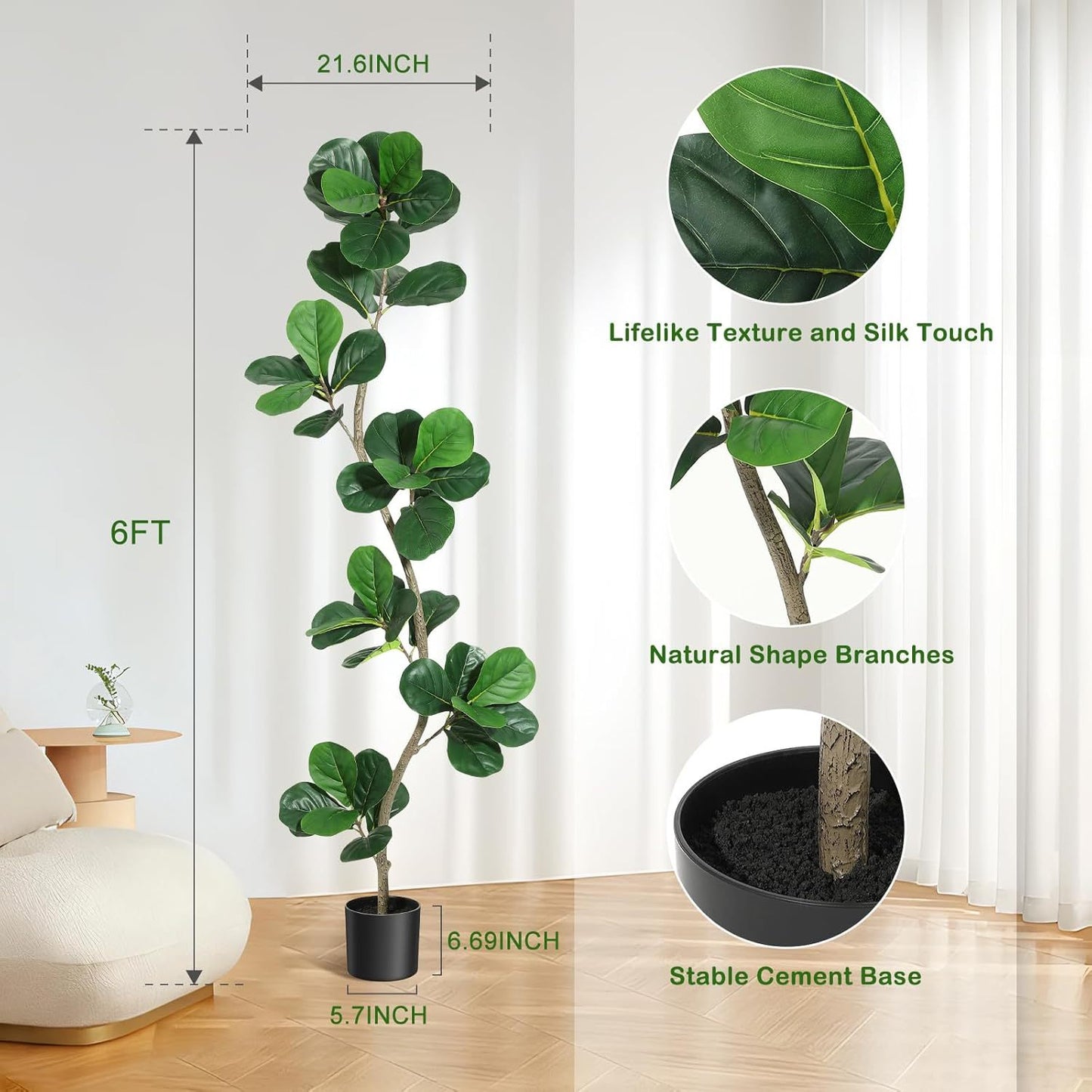 Artificial Fiddle Leaf Fig Tree, Fake Plant with White Planter and Natural Wood Trunk for Home or Office Decor - Artificial Plants Indoor