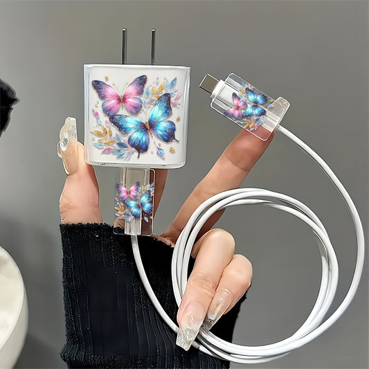 3pcs Colorful Butterfly Pattern Transparent TPU Charger Protector Set for iPhone - Includes 18W/20W Adapter & Cable Head Covers, Durable and Stylish Protection